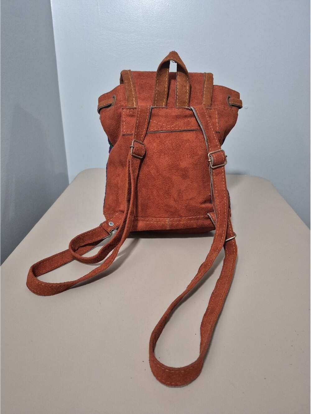 Vintage Boho Embroidered Floral Suede Leather Mini Backpack Handmade Artisan - Picture 2 of 8